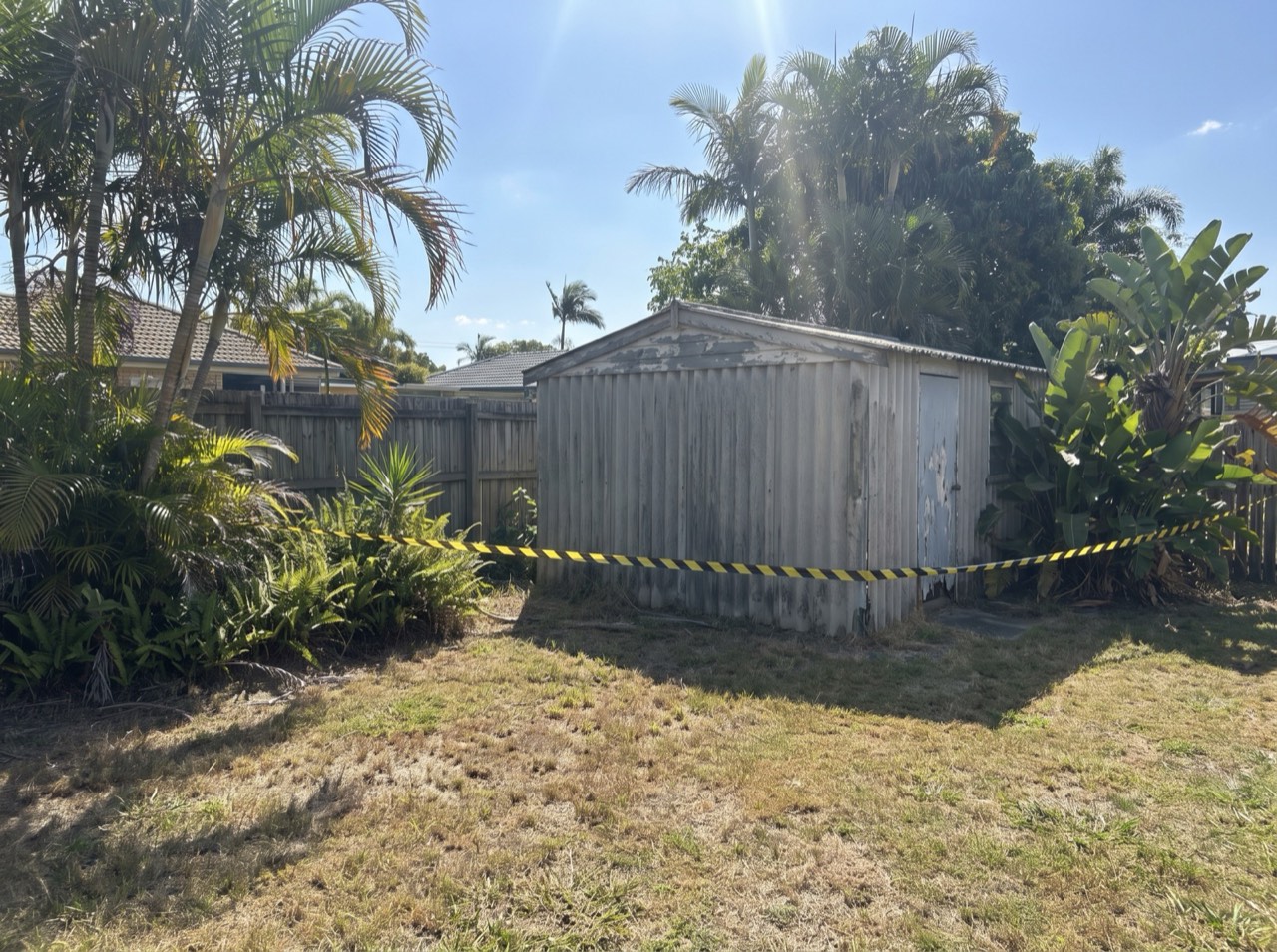 Before: an old asbestos-look garden shed in a suburban backyard, cordoned off