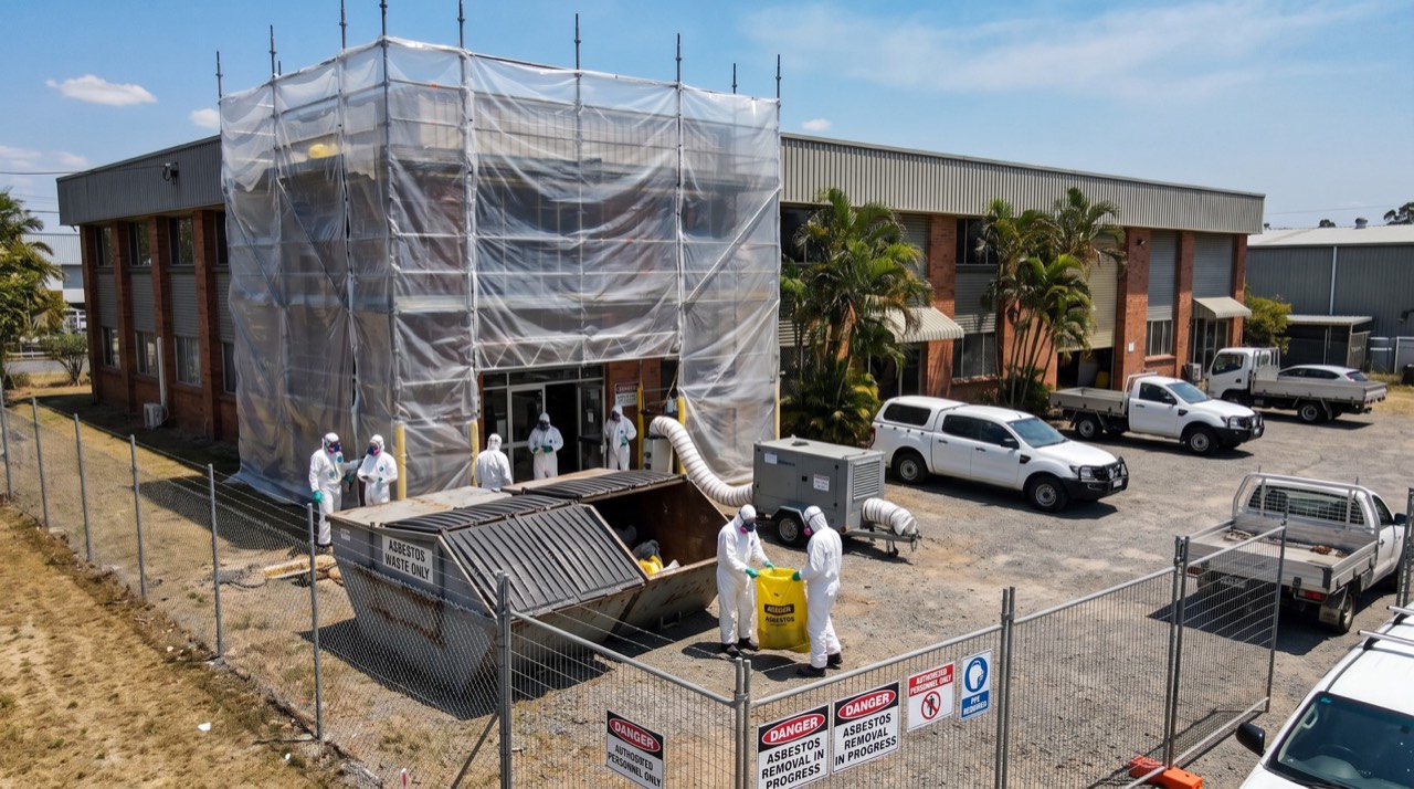 Commercial asbestos removal jobsite with scaffolding and containment wrap, Brisbane light-industrial scale