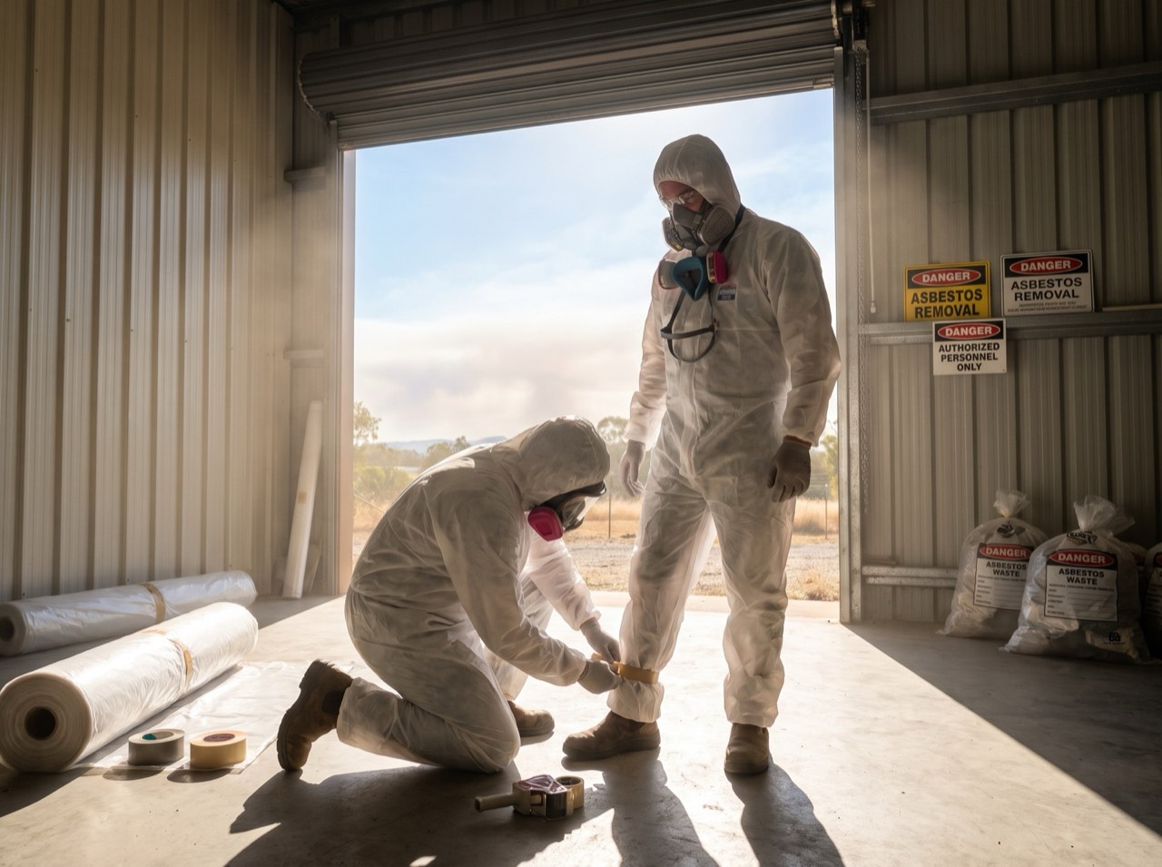 Crew suiting up in full PPE and respirators before a job