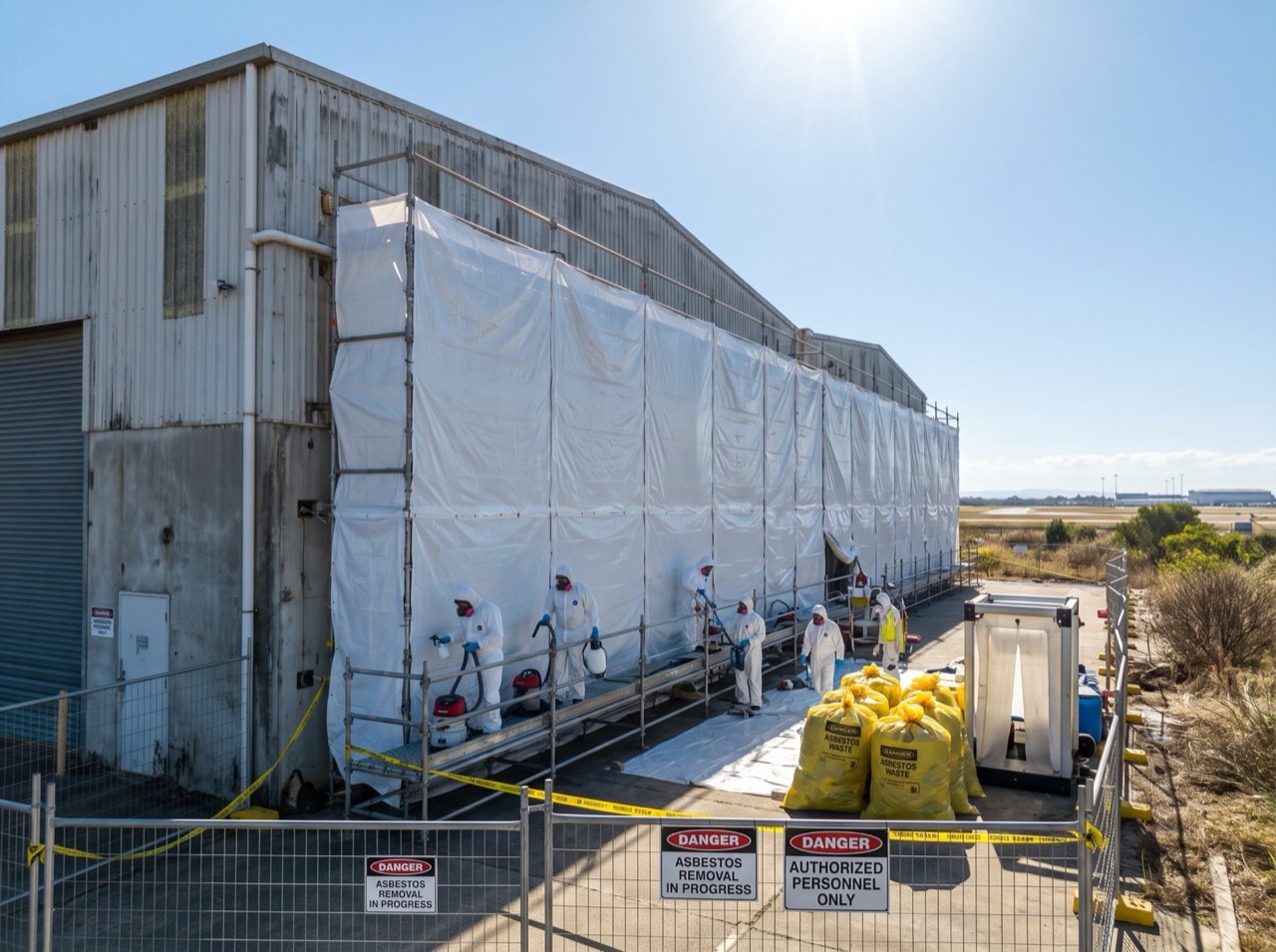 A warehouse near the airport precinct with industrial-scale removal underway