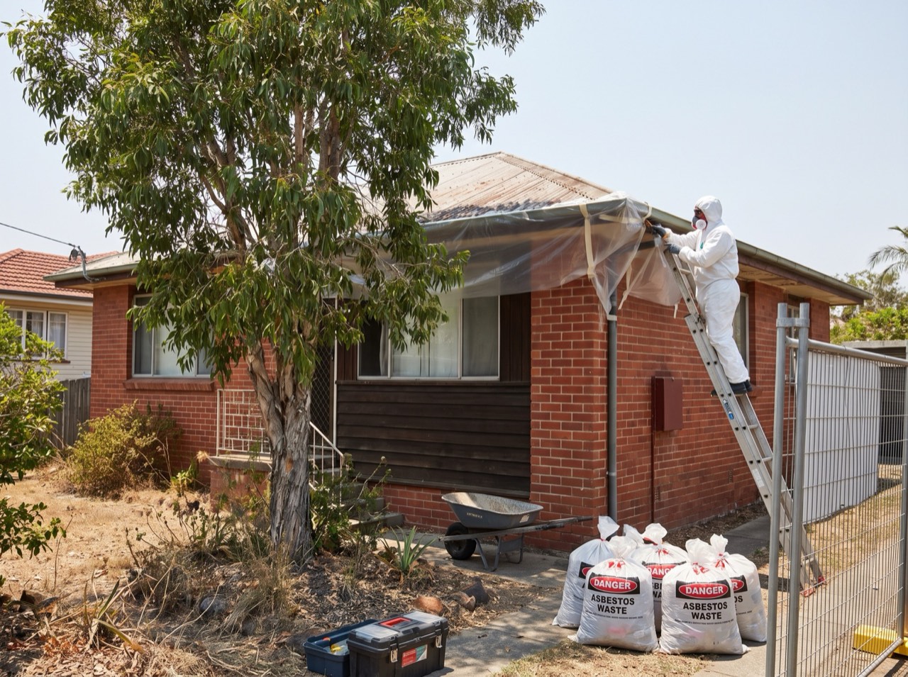 A post-war brick-and-timber Brisbane Northside home with eaves/roof work in progress