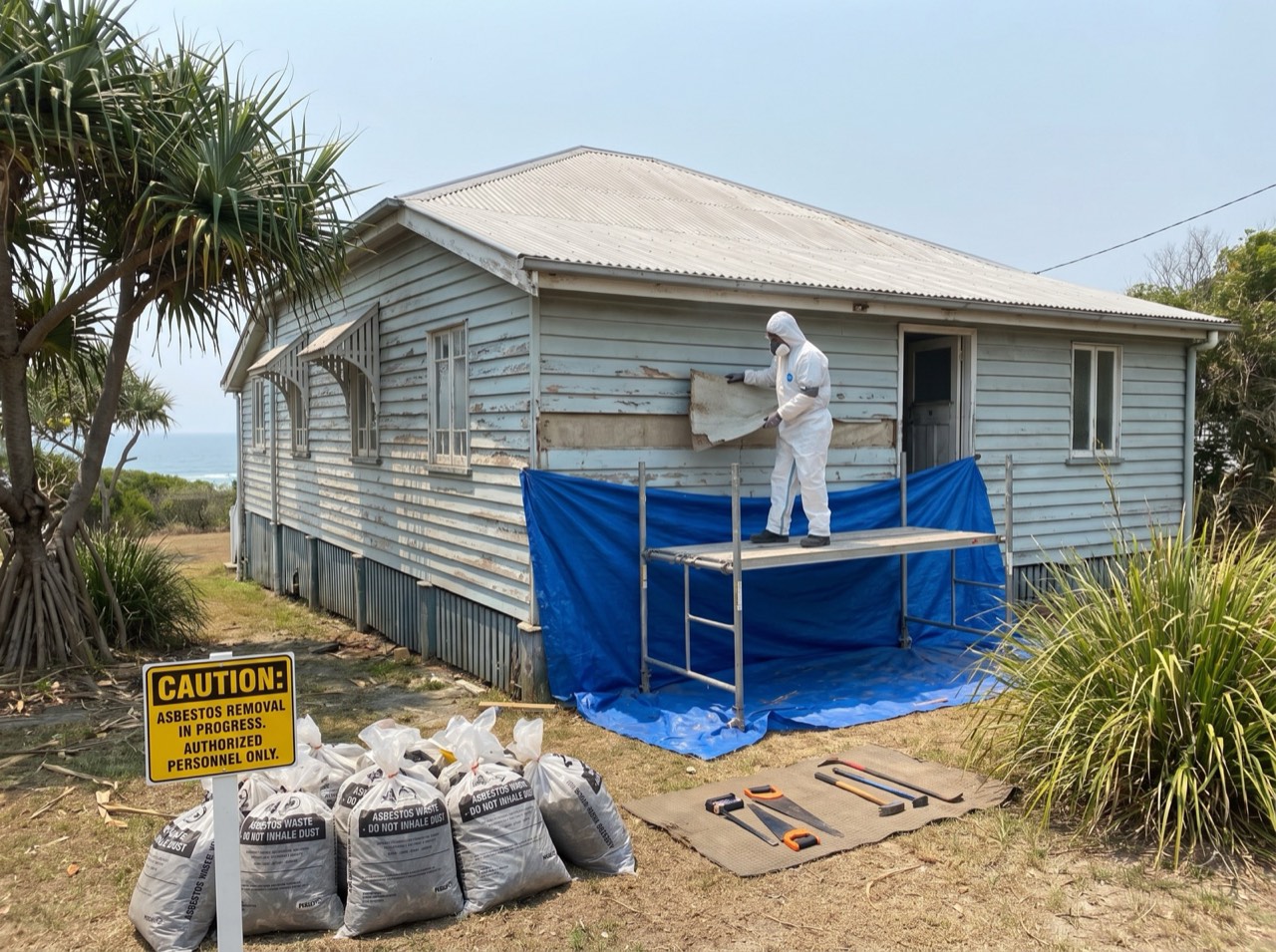 A weathered Sunshine Coast home with cladding/roof sheeting being replaced