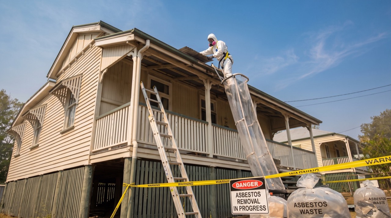 Removalist working the eaves of a Queenslander roof, containment chute set up
