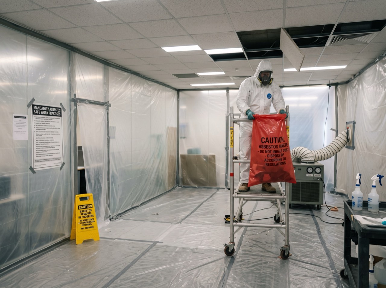 Commercial tenancy interior mid strip-out, full containment sheeting, tenancy scale