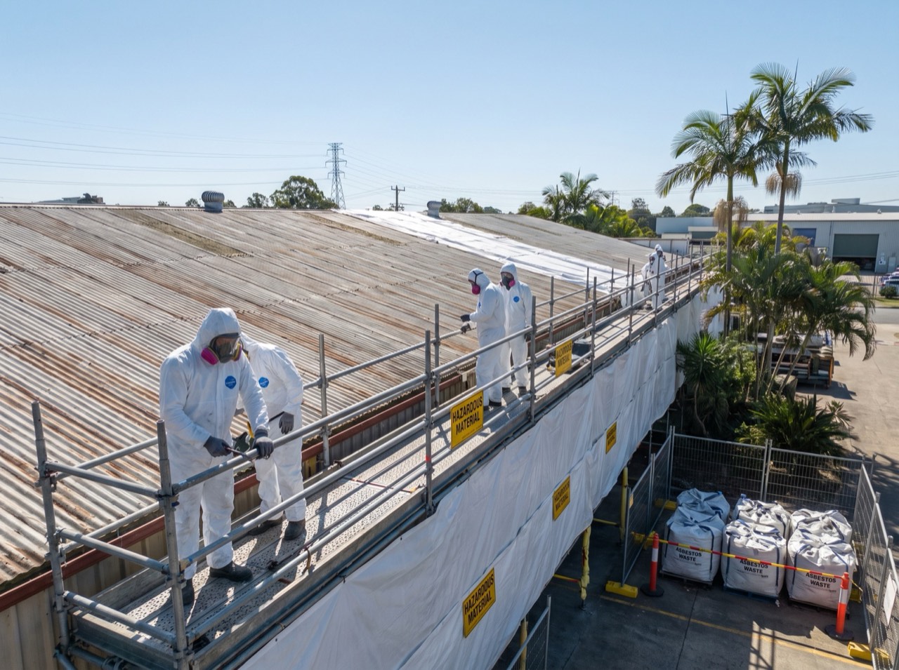 Warehouse roof and plant-room removal, scaffolding at height