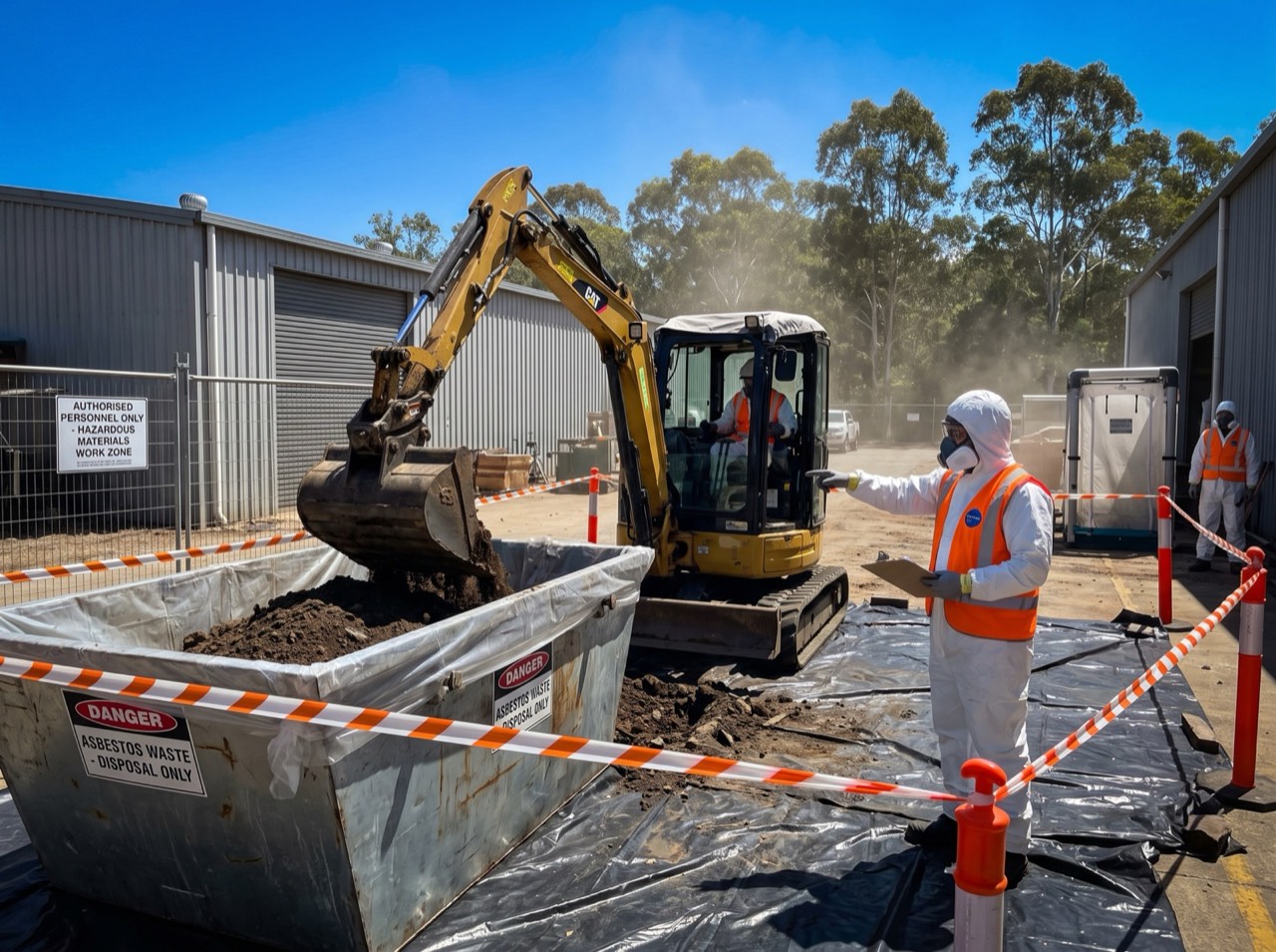 Excavator lifting affected soil into a lined, labelled disposal bin during ground remediation